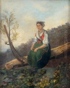 Paesaggio Con Contadina Seduta by Augusto Corelli