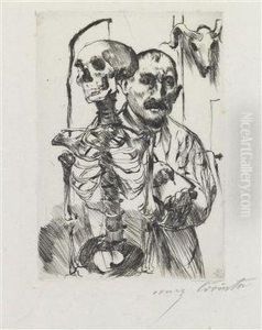 Self Portrait And Portrait Of A Skeleton by Lovis (Franz Heinrich Louis) Corinth