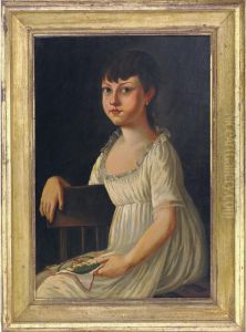 A Portrait Of A Pretty Dark Haired Young Girl Seated With Embroidered Picture by Michele Felice Corne