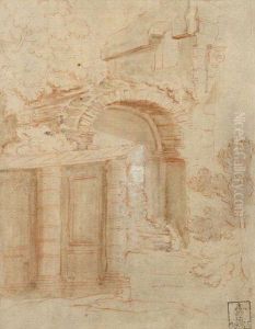 Vue De Ruines En Italie by Michel I Corneille