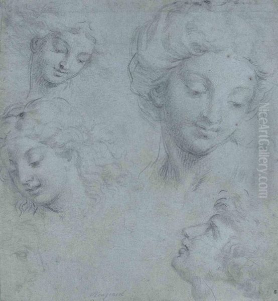 Four Head Studies Of Women And Young Men, An Additional Fainterprofile Of A Head At Lower Left - view 1
