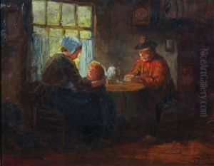 A Kitchen Interior With Family Seated Around A Table by Cornelis Terlouw