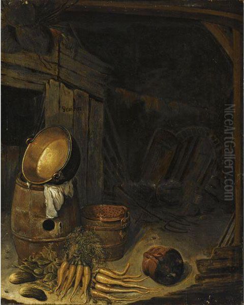 Barn Interior With A Still Life Of Carrots, Gherkins, A Barrel And A Copper Pot, With An Earthenware Bowl And A Strainer - view 1