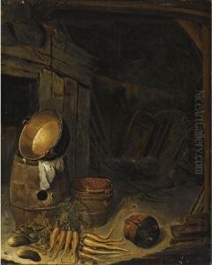 Barn Interior With A Still Life Of Carrots, Gherkins, A Barrel And A Copper Pot, With An Earthenware Bowl And A Strainer Barn Interior With A Still Life Of Carrots, Gherkins, A Barrel And A Copper Pot, With An Earthenware Bowl And A Strainer