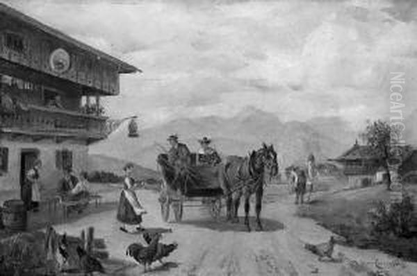 Ludwig "pferdekutsche Vor Einem Bauernhaus". Sign. Ol Auf Hartfaser. 16 X 24 Cm. Rahmen - view 1