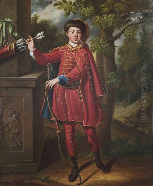 Portrait Of A Huntsman, Full-length, In A Red And Gold Embroideredcloak In A Wooded Landscape - view 1