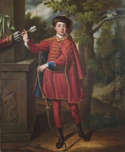 Portrait Of A Huntsman, Full-length, In A Red And Gold Embroideredcloak In A Wooded Landscape by Peter Corner