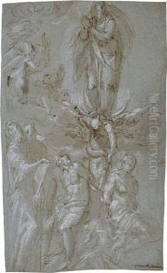 The Immaculate Conception, With Adam And Eve And The Serpent Andtwo Standing Saints by Leonardo Corona
