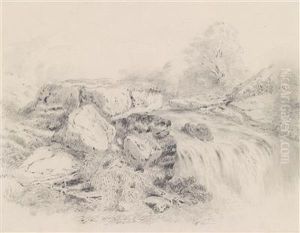 /attributed Landschaftsstudie Mit Einem Wasserfall by Jean-Baptiste-Camille Corot