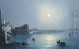The Bay Of Naples At Night With Vesuviuserupting by Konrad Corradi