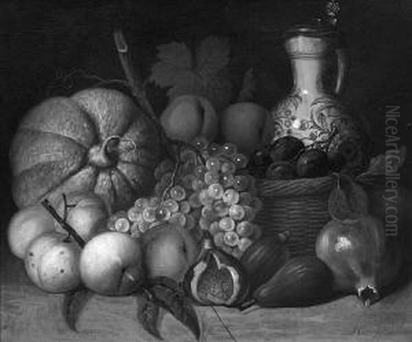 J. "stillleben Mit Pfirsichen, Weintrauben, Kurbis Und Feigen". Sign. Ol Auf Lwd. 38 X 46 Cm. Rahmen - view 1