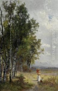 Mother And Child At The Edge Of A Birch Forest by Ludwig Correggio