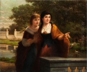 Zwei Junge Madchen An Einer Balustradeim Park Vor Einem Kanal Mit Enten by Jozef Cornelius Correns