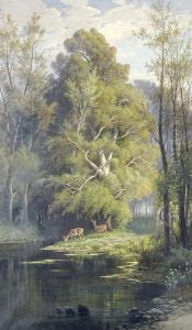 Deer Drinking At A Stream by Hermann David Solomon Corrodi