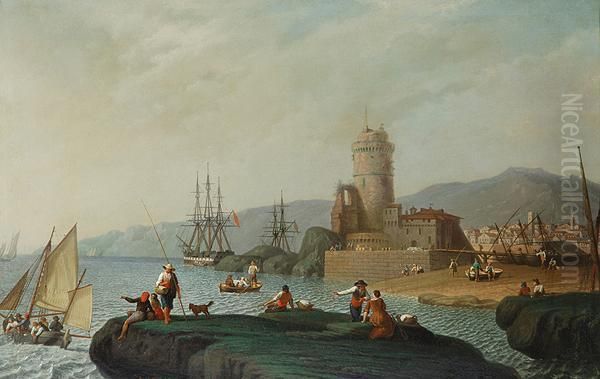 Scorcio Di Citta Portuale Con Personaggi E Roccaforte - view 1