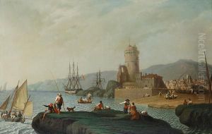 Scorcio Di Citta Portuale Con Personaggi E Roccaforte by Angel Maria Cortellini Y Hernandez