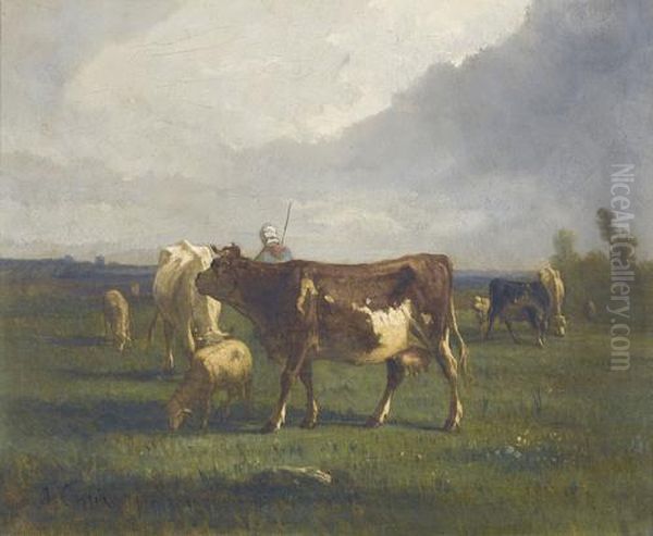 Weidepartie Mit Hirte, Kuhen Und Schafen - view 1