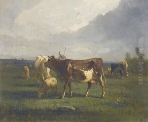 Weidepartie Mit Hirte, Kuhen Und Schafen by Antonio Cordero Cortes