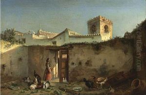 Woman Feeding Chickens, A Moresque Town Beyond by Eduardo Cortes Y Cordero