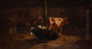 Fermier Avec Sesvaches Dans L'etable by Andres Cortes