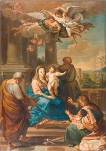 Holy Family Crowned With Flowers By Angels. by Domenico Corvi