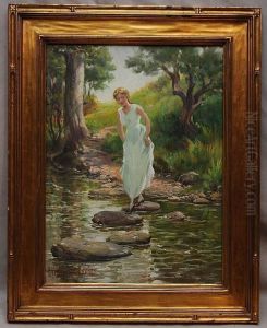 Girl In White Dress Crossing The River by Charles Abel Corwin