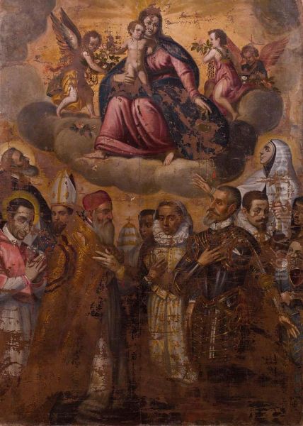 Madonna Del Rosario Col Bambino Alla Presenza Di San Carloborromeo E Due Santi, - view 1