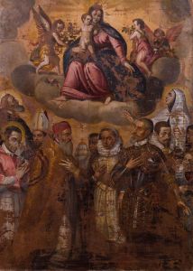Madonna Del Rosario Col Bambino Alla Presenza Di San Carloborromeo E Due Santi,