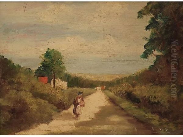 Raffigurante Paesaggio Con Strada E Figura - view 1