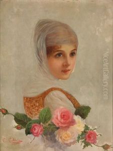 A Young Girl With Roses by Oreste Costa