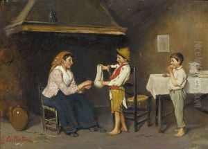 Interior Scene With A Mother And Two Children by Giuseppe Costantini