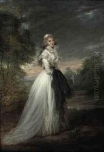 Portrait Of A Lady, Full-length, In A White Dress, Standing In Apark Landscape Holding A Dark Robe by Richard Cosway