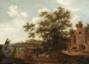A River Landscape Withan Oak And Ruins by Pieter Cosyn
