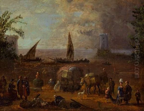 Vue D'un Port Avec Des Marchands Orientaux, Un Couple D'elegants, Et Des Animaux Charges - view 1