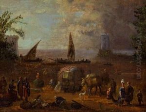 Vue D'un Port Avec Des Marchands Orientaux, Un Couple D'elegants, Et Des Animaux Charges