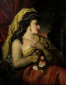 Portrait Of A Lady Wearing Pearl Necklace And Yellow Silk Robe Portrait Of A Lady Wearing Pearl Necklace And Yellow Silk Robe