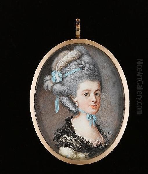 A Lady, Wearing White Dress, Pink Lace Underslip And Black Lace Shawl Tied About Her Shoulders, Drop Pearl Earring, Pale Blue Ribbon Tied About Her Neck, A Further Blue Ribbon And White Plume In Her Upswept And Plaited Powdered Hair by Samuel Cotes
