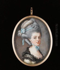 A Lady, Wearing White Dress, Pink Lace Underslip And Black Lace Shawl Tied About Her Shoulders, Drop Pearl Earring, Pale Blue Ribbon Tied About Her Neck, A Further Blue Ribbon And White Plume In Her Upswept And Plaited Powdered Hair by Samuel Cotes