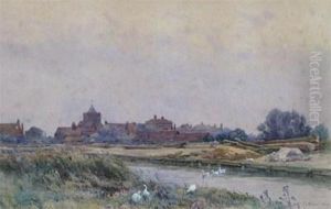 Geese Crossing A River, A Town Beyond by Frederick George Cotman