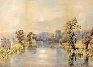 Extensive River Landscape With Castle Tower by John Joseph Cotman