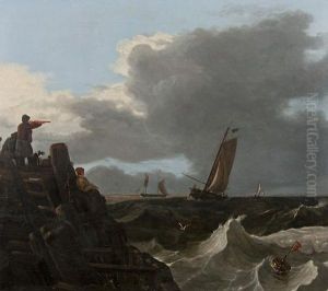 Gorleston Pier With Vessels Coming Into Harbour by Miles Edmund Cotman