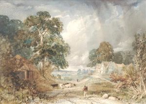 Cattle, Sheepand Figures In A Stormy Landscape by Miles Edmund Cotman