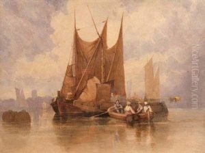 Coast Scenewith Figures In A Rowing Boat And Barges by Miles Edmund Cotman