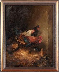 Coq Et Poules Au Poulailler by Eugene Cottin