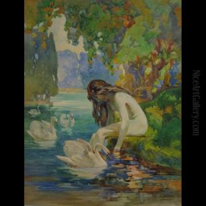 Bathing Nude With Swans by John Wesley Cotton