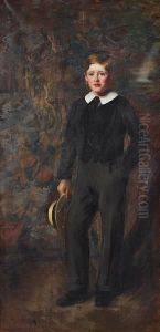 Portrait Of A Boy, Full Length, Standing Against A Tree Holding A Boater Hat by Marietta Cotton