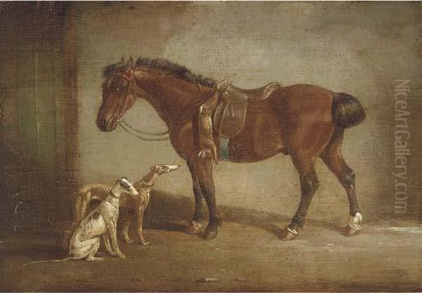 A Saddled Pony With Two Hounds - view 1