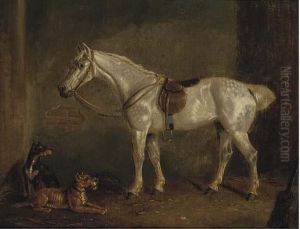 A Saddled Grey With Terriers In A Stable by Henry S. Cottrell