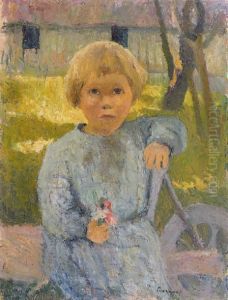 Enfant Assis Tenant Un Bouquet De Fleurettes by Marcel Couchaux