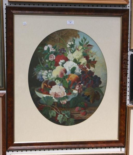 Oval Still Life Study Of Flowers And Fruit - view 1